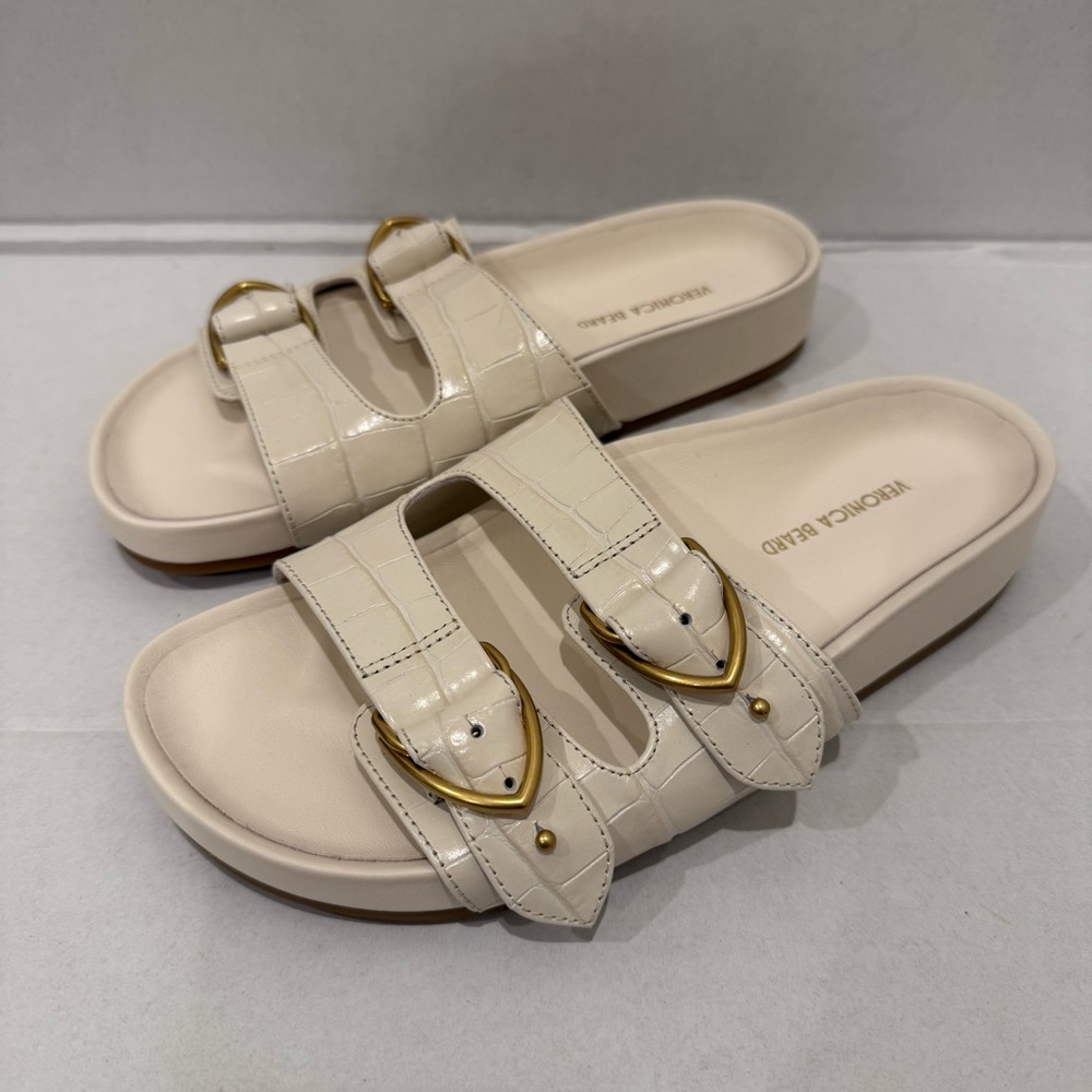 Veronica Beard Prue Sandals Croc Embossed Leather Ivory Gold Buckle NWOB Size 6